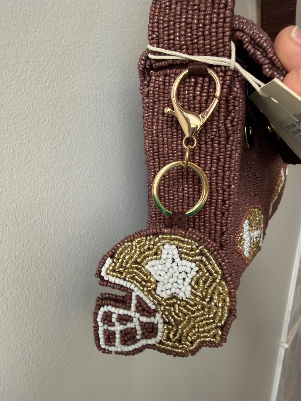 Sol and Mer Beaded Fall Football Motif Shoulder Bag - Brown Helmet Bag clip
